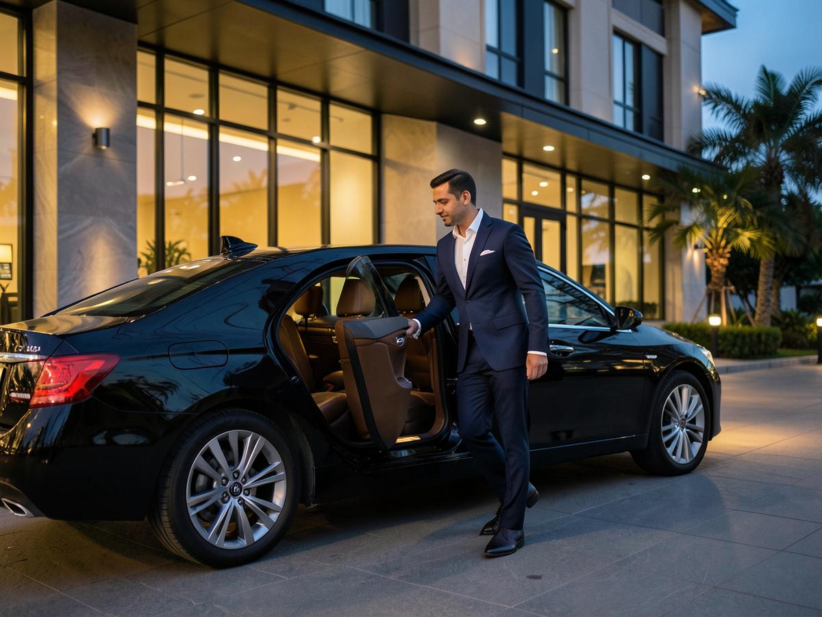 Professional chauffeur opening a premium sedan door
