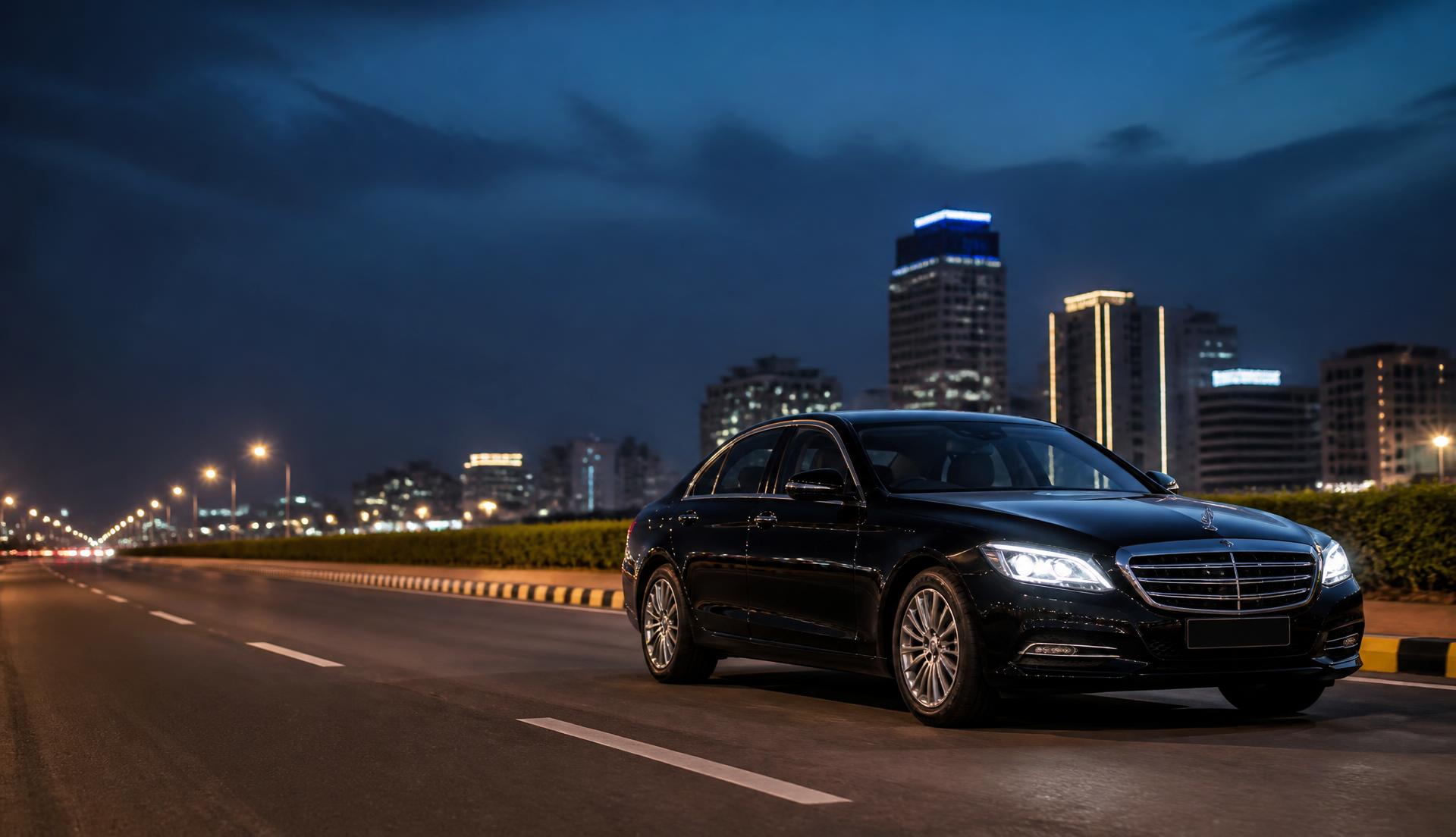 Premium luxury sedan on a highway at dusk — Hatkesh Nilkanth Travels